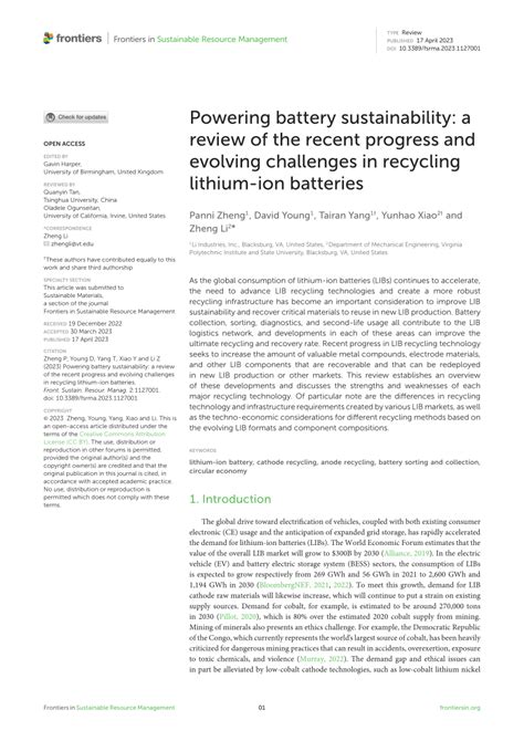 Frontiers Powering Battery Sustainability A Review Of The Recent