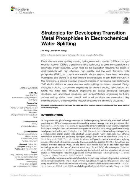 Frontiers Strategies For Developing Transition Metal Phosphides In Electrochemical Water Splitting