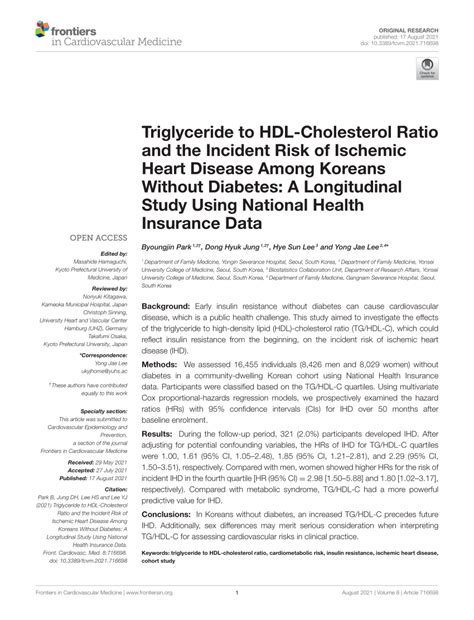 Frontiers Triglyceride To Hdl Cholesterol Ratio And The Incident Risk Of Ischemic Heart Disease Among Koreans Without Diabetes A Longitudinal Study Using National Health Insurance Data Frontiers Triglyceride To Hdl Cholesterol Ratio And The Incident Risk Of Ischemic Heart Disease Among Koreans Without Diabetes A Longitudinal Study Using National Health Insurance Data