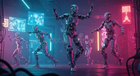 Future Tech Dance Party With Robotic Dancers In Neon Cyberpunk Setting Future Tech Dance Party With Robotic Dancers In Neon Cyberpunk Setting