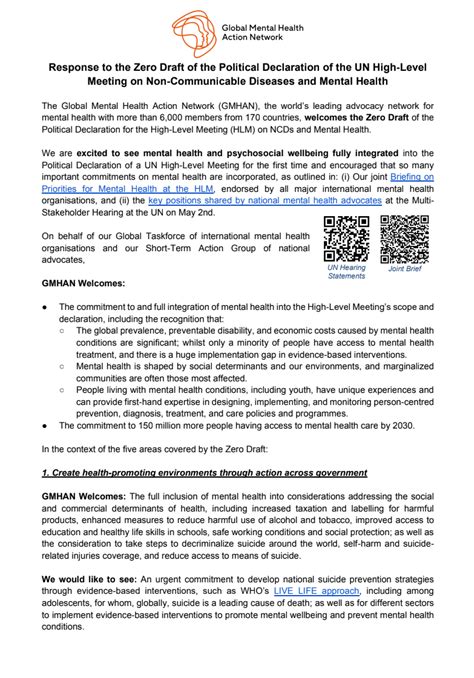 Gmhan Response To The Zero Draft Of The Political Declaration Of The Un High Level Meeting On Ncds And Mental Health Knowledge Action Portal On Ncds