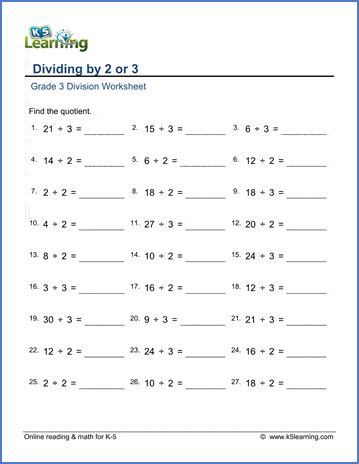 Grade 3 Math Worksheet Division Dividing By 2 Or 3 K5 Learning