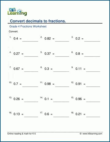 Grade 4 Math Worksheets Convert Fractions To Decimals K5 Learning