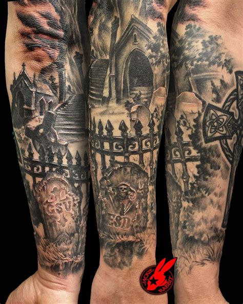Graveyard Tombstone Sleeve Tattoo By Half Sleeve Tattoos Designs