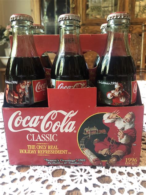 Group Of 2 Full Vintage Christmas 1996 Coca Cola Coke 8 Oz Soda Bottles