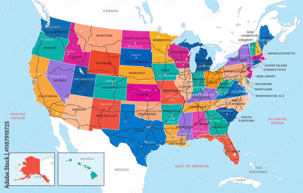 Gulf Of America Country Map With States Name 54702640 Vector Art At