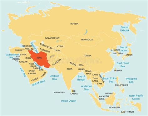 Highlighted Red Map Of Iran Inside Orange Map Of Asia With High Details
