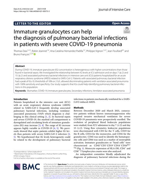 Immature Granulocytes Can Help The Diagnosis Of Pulmonary Bacterial Infections In Patients With Severe Covid 19 Pneumonia Journal Of Intensive Care Full Text