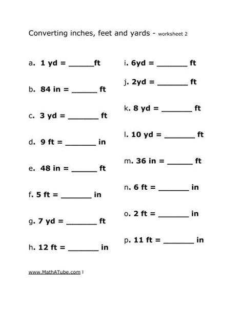 Inches To Feet Conversion Worksheet
