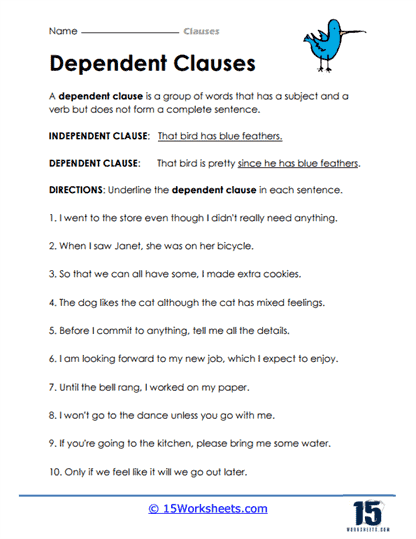 Independent And Dependent Clause Worksheets