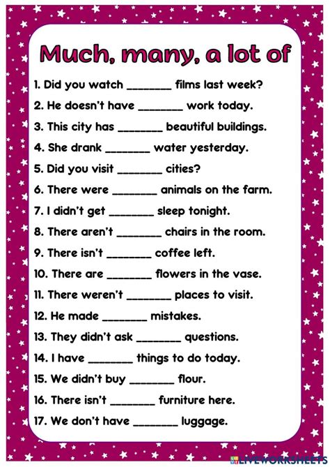 Interactive Worksheet Much Many A Lot Of