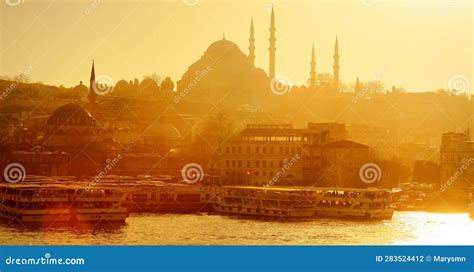Istanbul View Golden Horn And Suleymaniye Mosque At Sunset With Istanbul View Golden Horn And Suleymaniye Mosque At Sunset With
