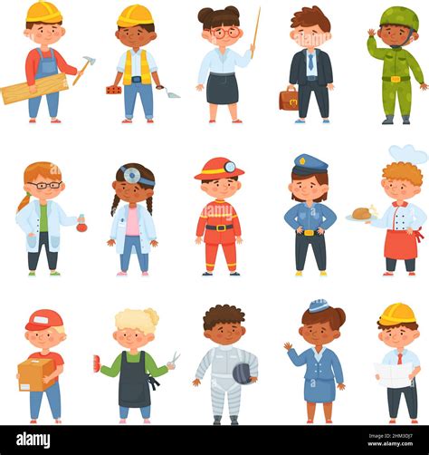 Kids In Professional Uniform Children Doing Different Job As Builder