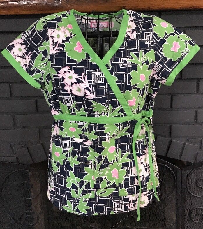 Koi Nursing Scrub Top Navy Lime Green Pink Print Women S Size Small