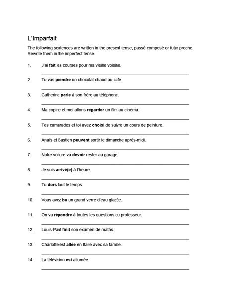 L Imparfait Feuille De Travail French Imperfect Tense Practice Worksheet