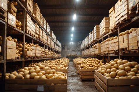Large Warehouse Storing Potatoes In Wooden Crates Shelves And Boxes