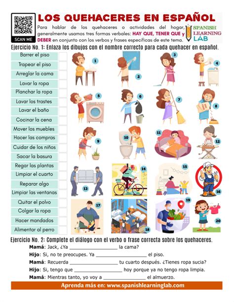 Las Tareas Del Hogar En Espa Ol Ejercicios En Pdf Spanish Learning Lab