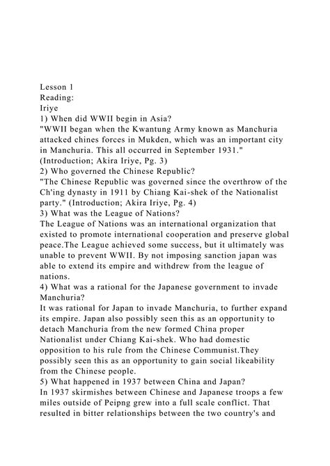 Lesson 1 Reading Iriye 1 When Did Wwii Begin In Asia Docx Lesson 1 Reading Iriye 1 When Did Wwii Begin In Asia Docx