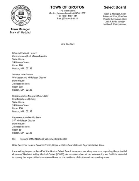 Letter To State Delegation Regarding Potential Closure Of Nashoba Letter To State Delegation Regarding Potential Closure Of Nashoba