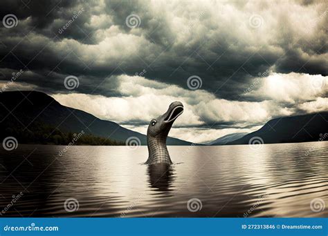 Loch Ness Monster In Lake Against Cloudy Sky Stock Photo Image Of