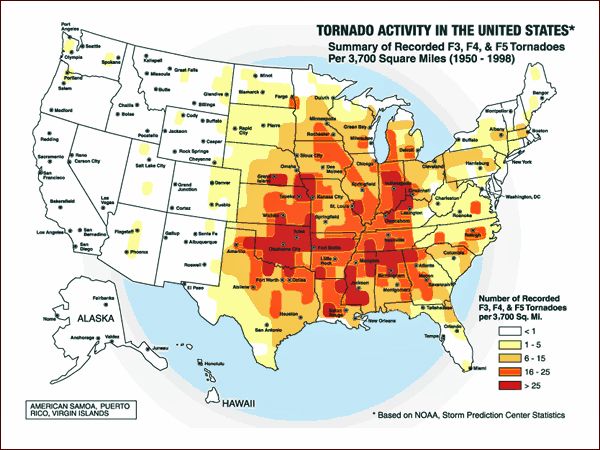 Map Of The U S Showing Number Of Recorded F3 F4 And F5 Tornadoes Map Of The U S Showing Number Of Recorded F3 F4 And F5 Tornadoes