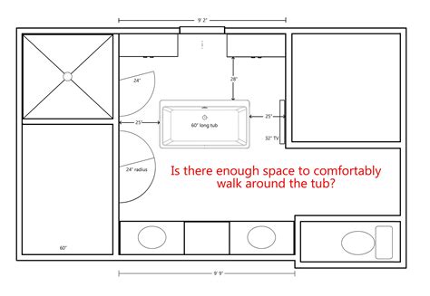 Master Bath Redesign Will A Minimum Of 25 Of Space Be Adequate Around A Stand Alone Tub To Access Shower And Cabinets Along The Back Wall R Floorplan
