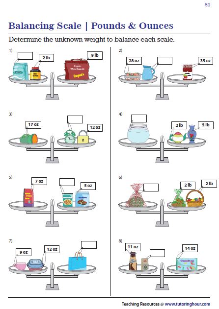 Measuring Weight Ounces Pounds Balance Scale Worksheets