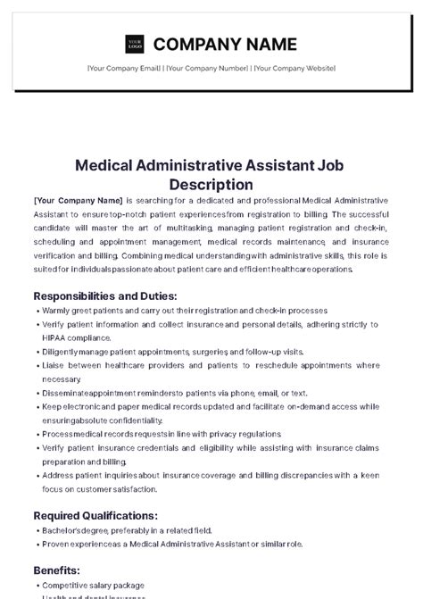 Medical Administrative Assistant Job Description Template Edit Online