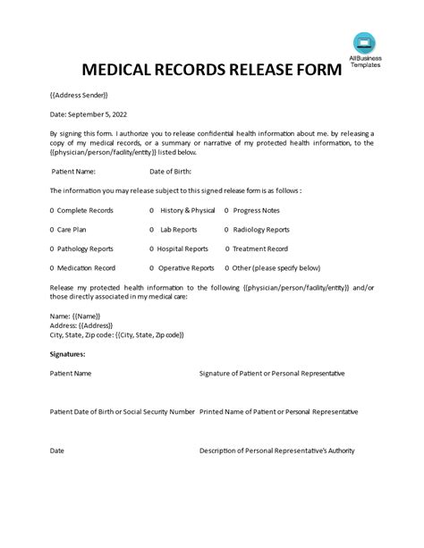 Medical Records Release Form Sample Templates At Allbusinesstemplates Com
