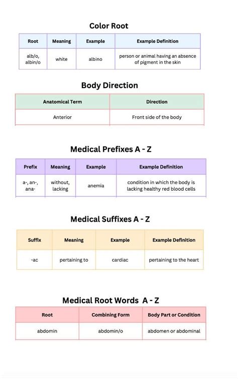 Medical Terminology Colors Body Direction Prefixes Suffixes And Root