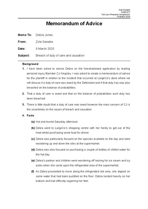 Memorandum Of Advice Torts Final Report Tort Law Research