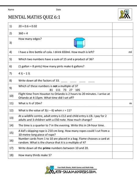 Mental Maths Tests Year 6 Worksheets