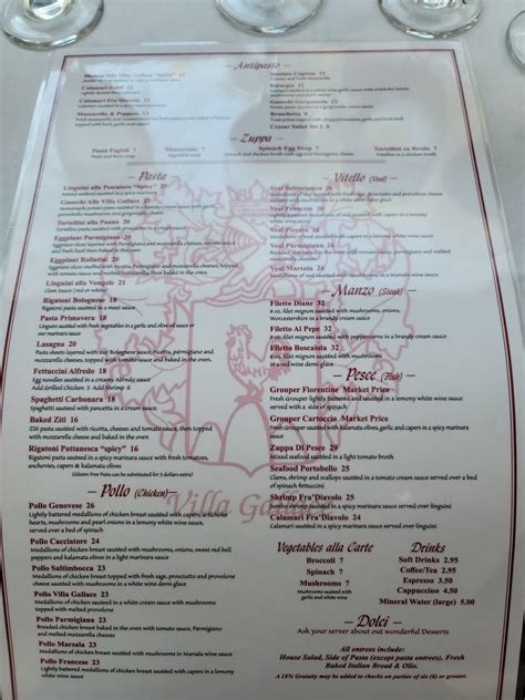 Menu At Villa Gallace Restaurant Indian Rocks Beach