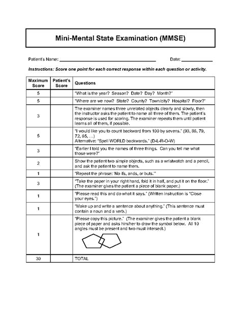 Mini Mental Status Examination Note Mini Mental State Examination