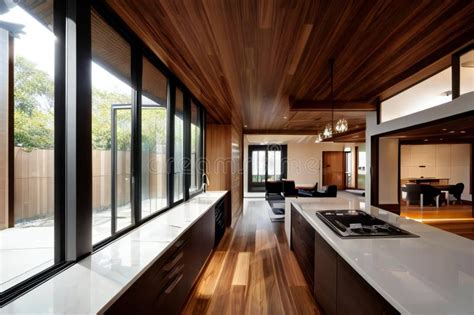Modern Kitchen Interior With Wooden Finishes Large Windows And Modern Kitchen Interior With Wooden Finishes Large Windows And