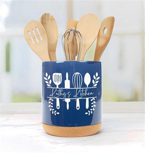 Monogram Kitchen Utensil Holder Personalized Ceramic Utensil Holder 8 Tall Engraved Monogram Cork Bottom Multiple Colors Utensils Not Included Kitchen Countertop Organization