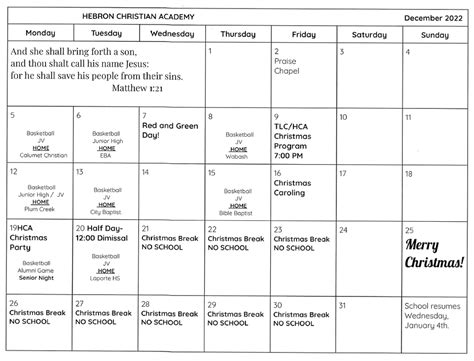Monthly Calendars Hebron Christian Academy