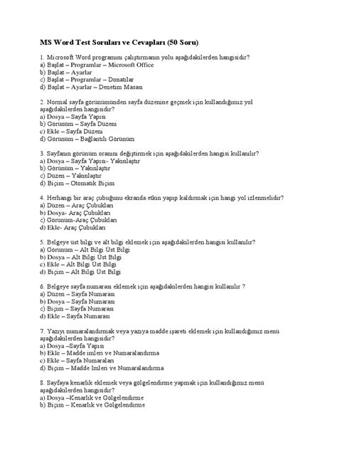 Ms Word Test Sorular Ve Cevaplar 50 Soru Pdf Ms Word Test Sorular Ve Cevaplar 50 Soru Pdf