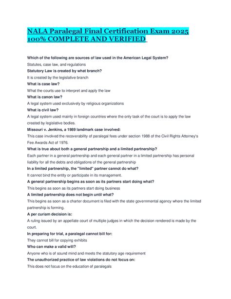 Nala Paralegal Final Certification Exam 2025 100% Complete And Verified ... Nala Paralegal Final Certification Exam 2025 100% Complete And Verified ...
