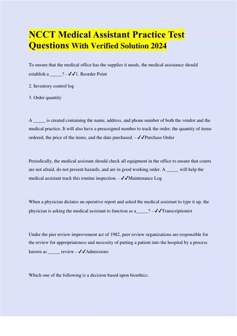 Ncct Medical Assistant Practice Test Questions With Verified Solution Ncct Medical Assistant Practice Test Questions With Verified Solution