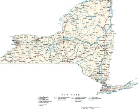 New York State State Map Cut Out Style With Capital County Boundaries Cities Roads And Water Features
