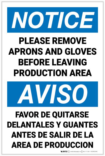 Notice Please Remove Aprons Gloves Before Leaving Bilingual Spanish Notice Please Remove Aprons Gloves Before Leaving Bilingual Spanish