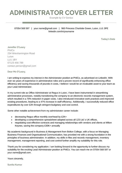 Office Administrator Cover Letter Example Tips