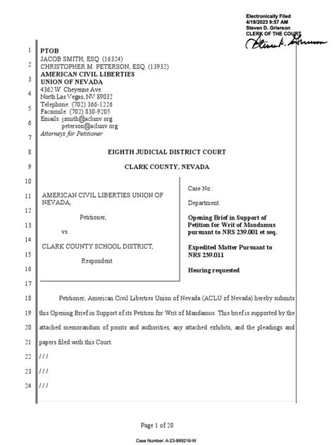 Opening Brief In Support Of Writ Of Mandamus Aclu Vs Ccsd Pdf