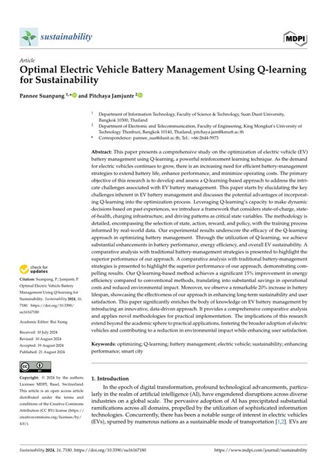 Optimal Electric Vehicle Battery Management Using Q Learning For Sustainability Optimal Electric Vehicle Battery Management Using Q Learning For Sustainability