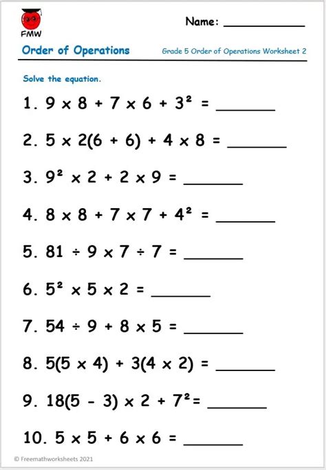 Order Of Operations Activities 5 Pemdas Worksheets Bodmas Order