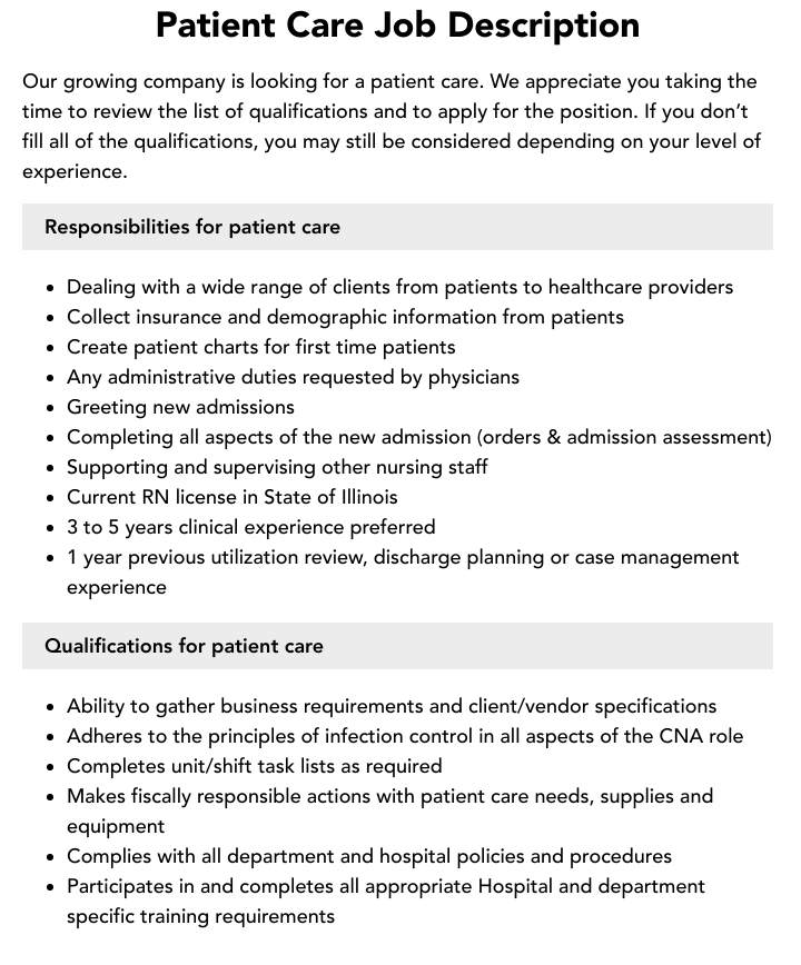 Patient Care Job Description Velvet Jobs