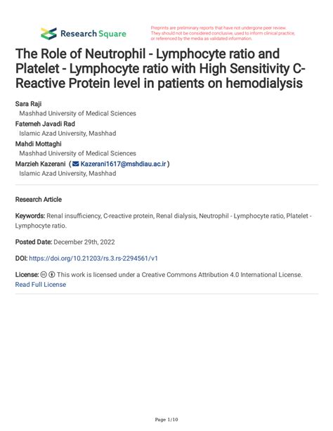 Pdf High Neutrophil Lymphocyte Ratio Platelet Lymphocyte Ratio And