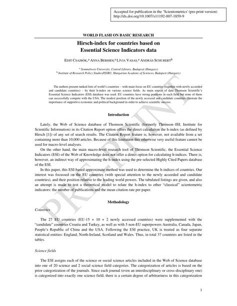 Pdf Hirsch Index For Countries Based On Essential Science Indicators Data