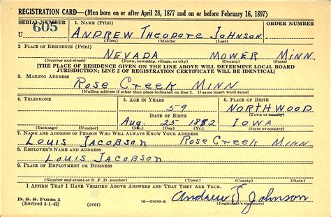 Pete Werner World War 2 Draft Registration Card Lyle Historical Society